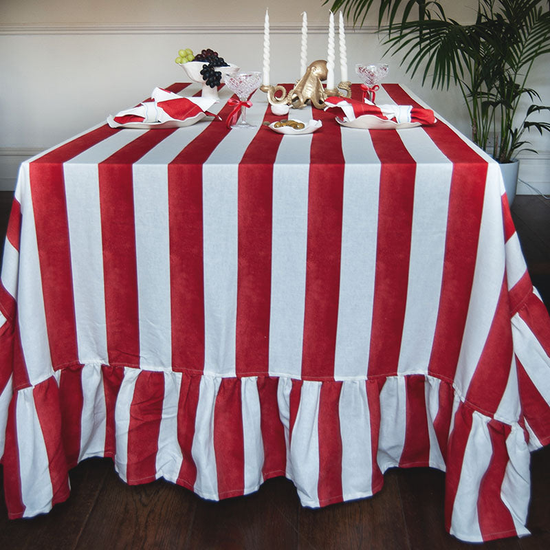 Riviera Stripe Ruffled Tablecloth - Red