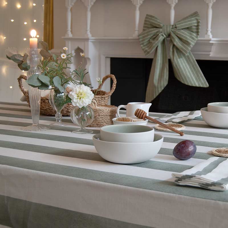 Riviera Stripe Ruffled Tablecloth - Sage