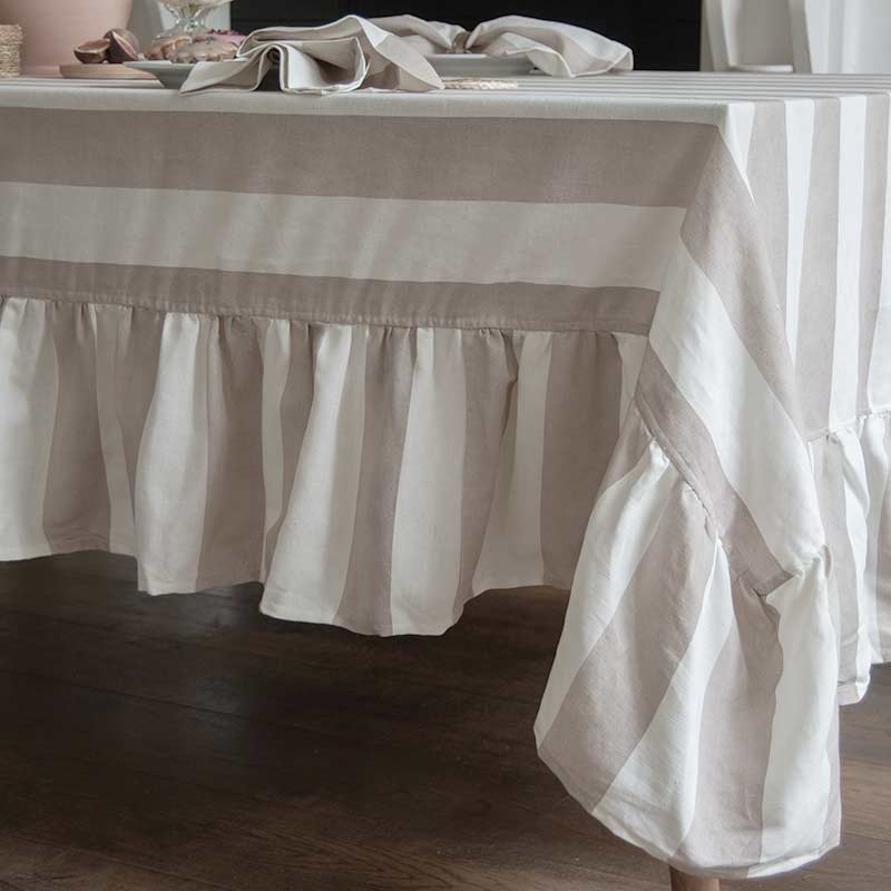 Riviera Stripe Ruffled Tablecloth - Mocha