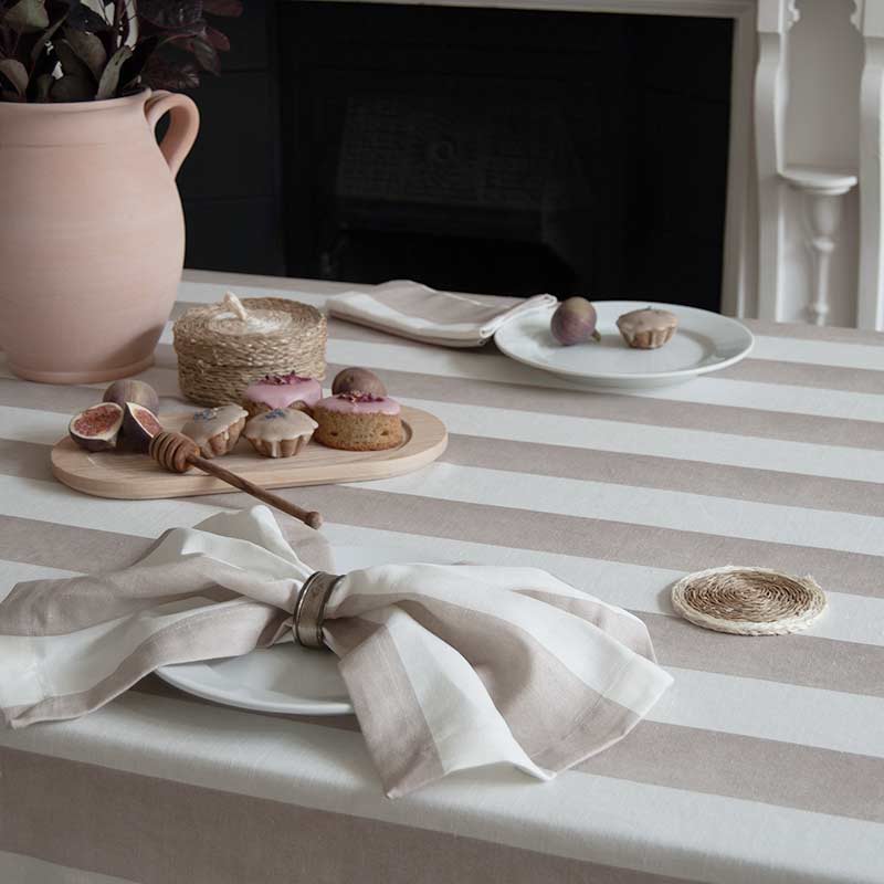 Riviera Stripe Ruffled Tablecloth - Mocha