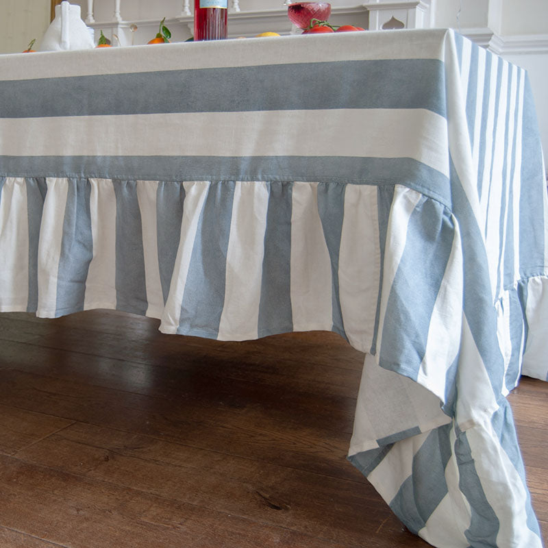 Riviera Stripe Ruffled Tablecloth - Blue