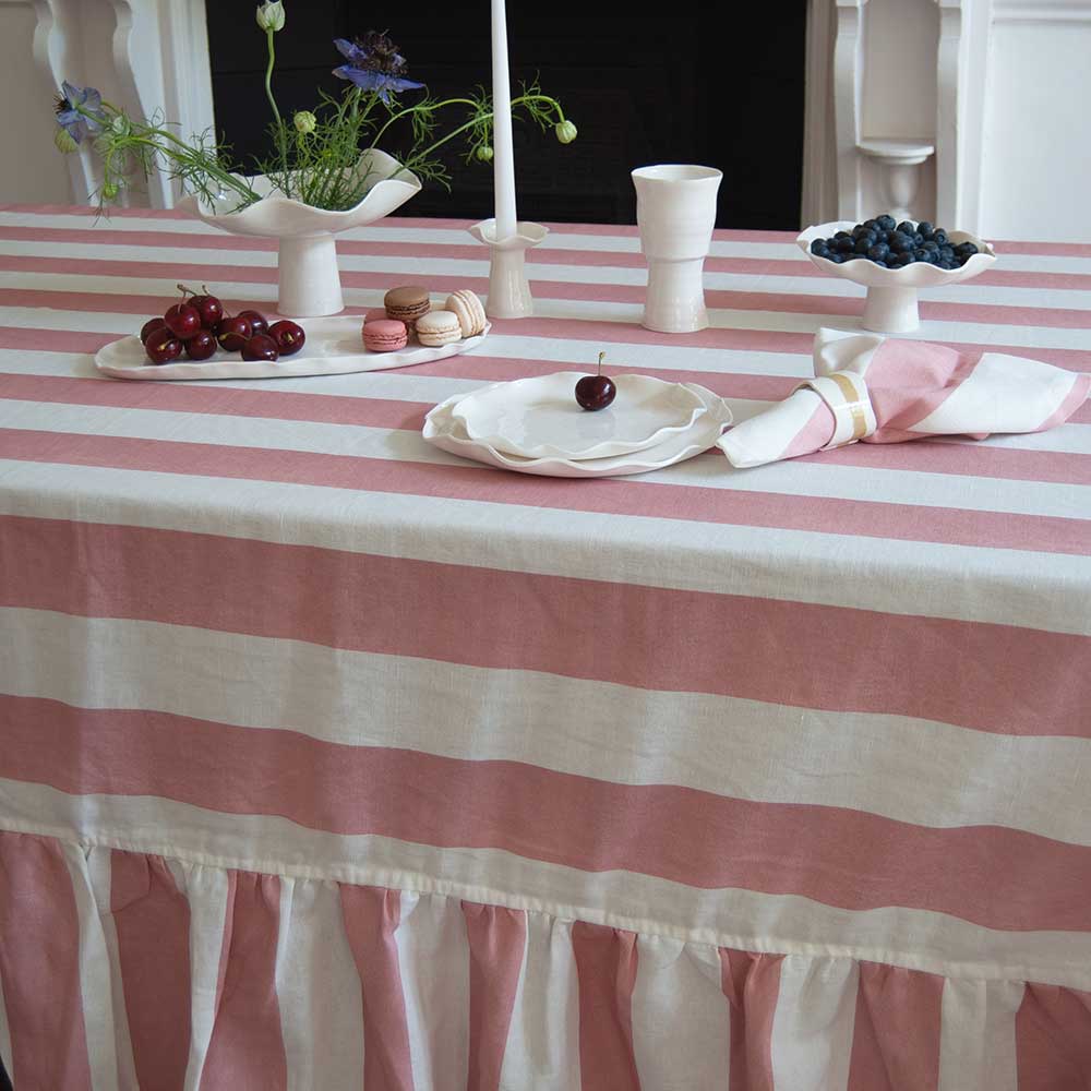 Riviera Stripe Ruffled Tablecloth - Pink