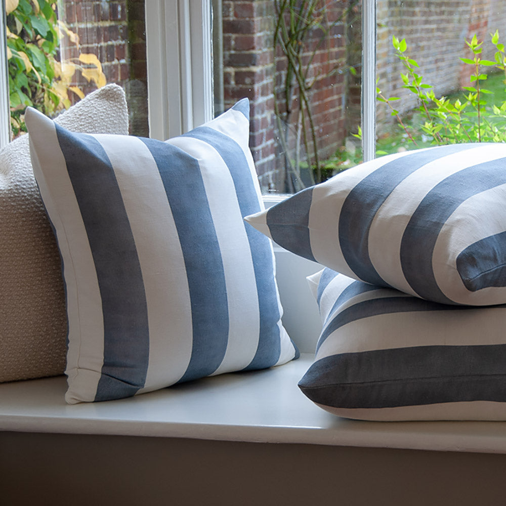 Riviera Striped Linen Cushion - Blue